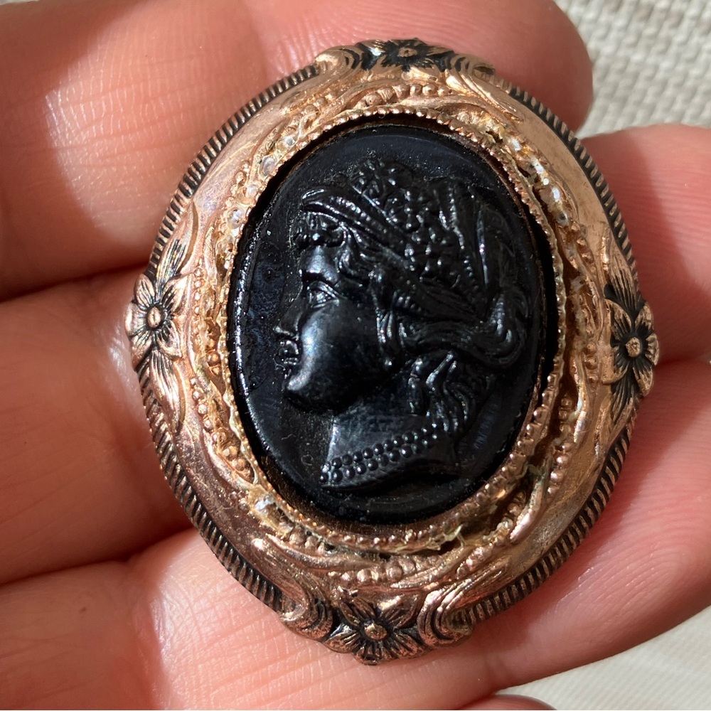Vintage Coro Black Cameo Ornate Brooch
